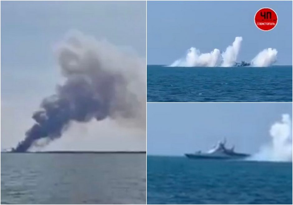 Prie Sevastopolio krantų Rusijos karo laivas paskendo dūmuose