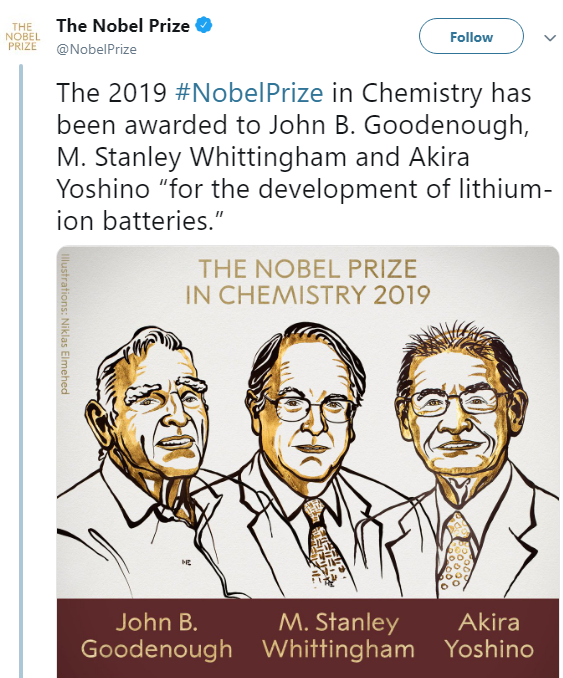 Nobelio chemijos premija atiteko trims ličio jonų baterijų kūrėjams