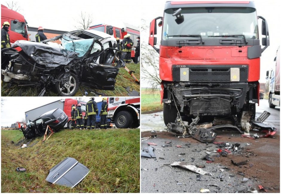 Netoli Panevėžio susidūrė du vilkikai ir „Mercedes-Benz“ automobilis: nukentėjo žmogus