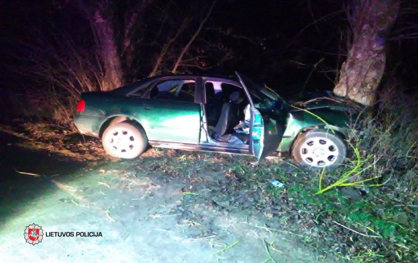 Girtas vairuotojas nesuvaldė automobilio: trenkėsi į medį ir apsivertė, nukentėjo du žmonės