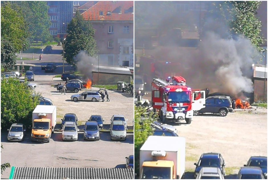 Pajūrio ugniagesiams – įtemptos dienos: teko gesinti kieme liepsnojantį „Audi A4“