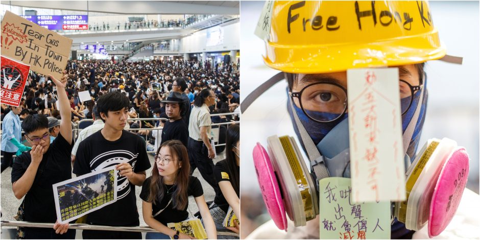 Taiki demonstracija Honkongo oro uoste: protestuotojai pasitinka atvykėlius