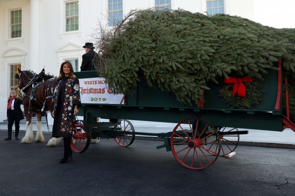 M. Trump oficialiai priėmė į Baltuosius rūmus atvežtą Kalėdų eglę
