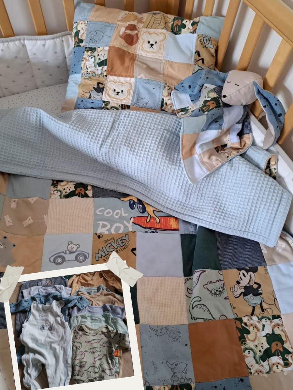 Tvariai gyvenanti mama siuva antklodes iš audinių skiaučių