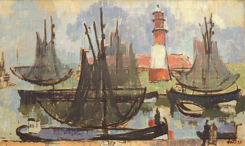 E. Bischoffo paveikslas „Žvejų laivai Piliavoje“ (1937) iš A. Popovo ir J. Kosinovos kolekcijos.