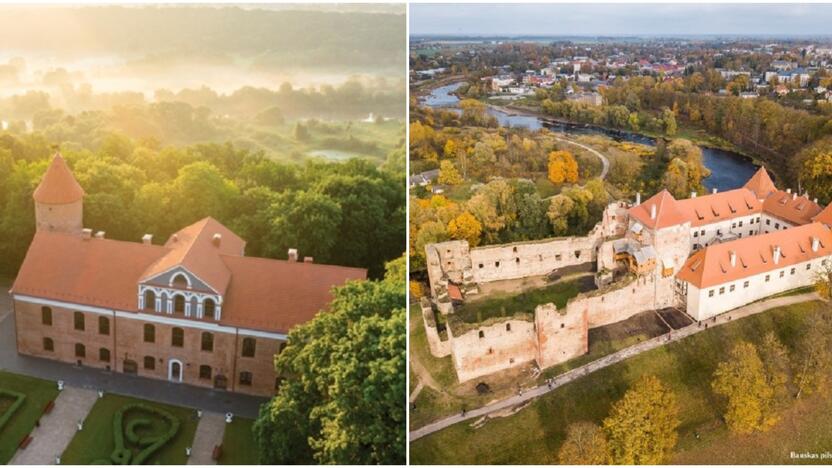 Raudondvario dvaras (kairėje), Bauskės pilis (dešinėje)