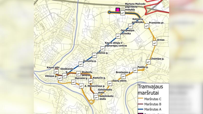 Schema: sudėlioti keturi preliminarūs maršrutai, kuriais galėtų važiuoti tramvajus.