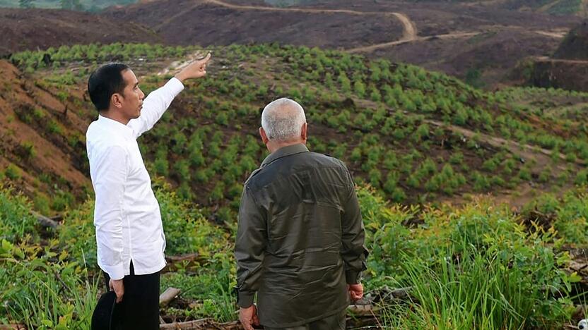 Indonezijos prezidentas J.Widodo (kairėje) rodo į Borneo džiungles, kur ilgainiui atsiras naujoji šalies sostinė Nusantara.