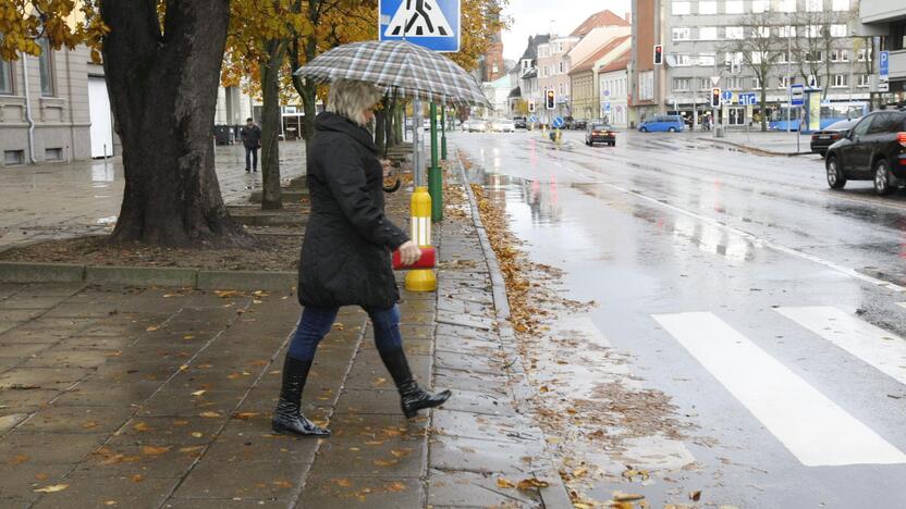 Rūpesčiai: nuolat merkiantis lietus apsunkina ir miesto prižiūrėtojų darbą – jiems tenka nuo grindinio valyti priplaktus medžių lapus.