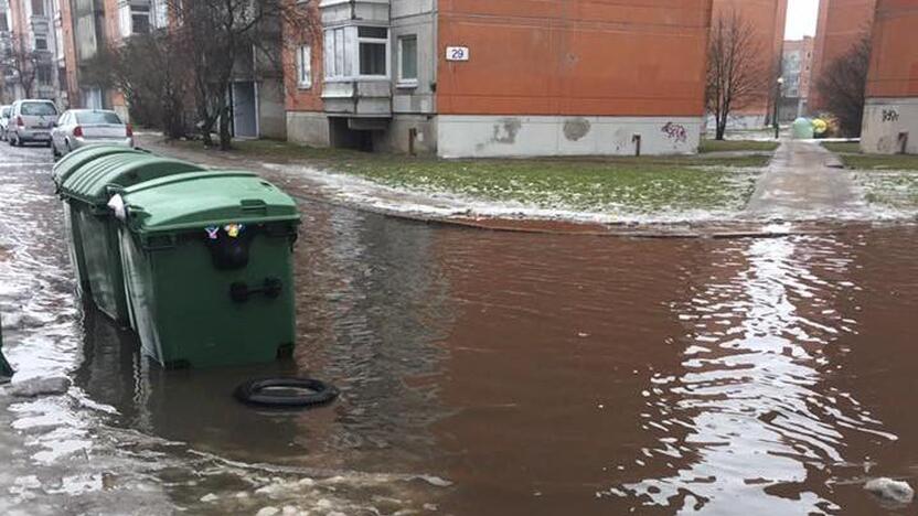 Situacija: tirpti pradėjęs sniegas užtvindė Laukininkų gyvenamojo mikrorajono kiemą.