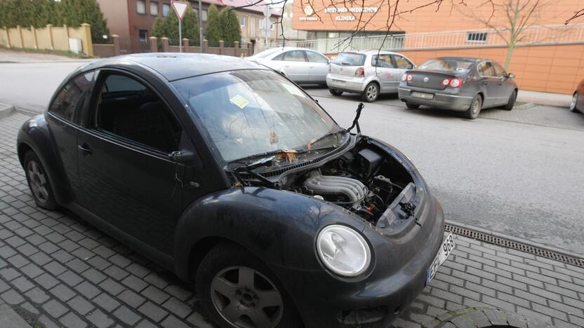 Nuostoliai: vagys spėjo apšvarinti automobilio "Volkswagen Beetle" saloną, nuplėšė variklio dangtį, valytuvus, apgadino valstybinius mašinos numerius, dureles.