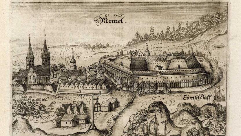 Graviūra: Klaipėdos pilis ir miestas XVII a. viduryje. Iš Ch. Hartknocho knygos „Alt- und Neues Preussen Oder Preussischer Historien Zwey Theile“. Frankfurtas–Leipcigas–Kenigsbergas, 1684 m.