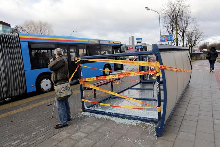 Nuvirto: visai neseniai įrengtas autobusų laukimo paviljonas šalia Baltijos prospekto neatlaikė stipresnio šios žiemos vėjo.