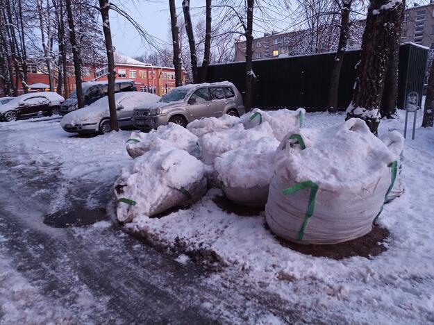 Realybė: pilni senų lapų maišai prie J.Janonio gatvės 28 namo savaitgalį virto nepakeliamais ledo luitais.