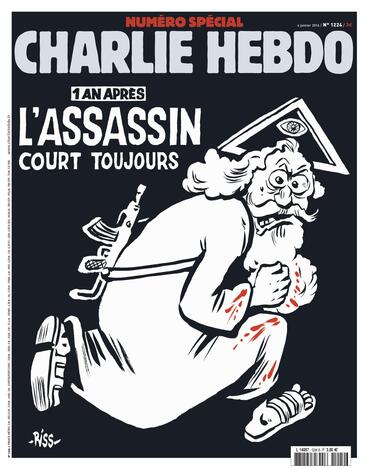 „Charlie Hebdo“ atakos metinių proga viršelyje paskelbs ginkluoto Dievo karikatūrą