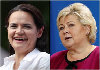 Sviatlana Cichanouskaja (kairėje) ir Erna Solberg (dešinėje)