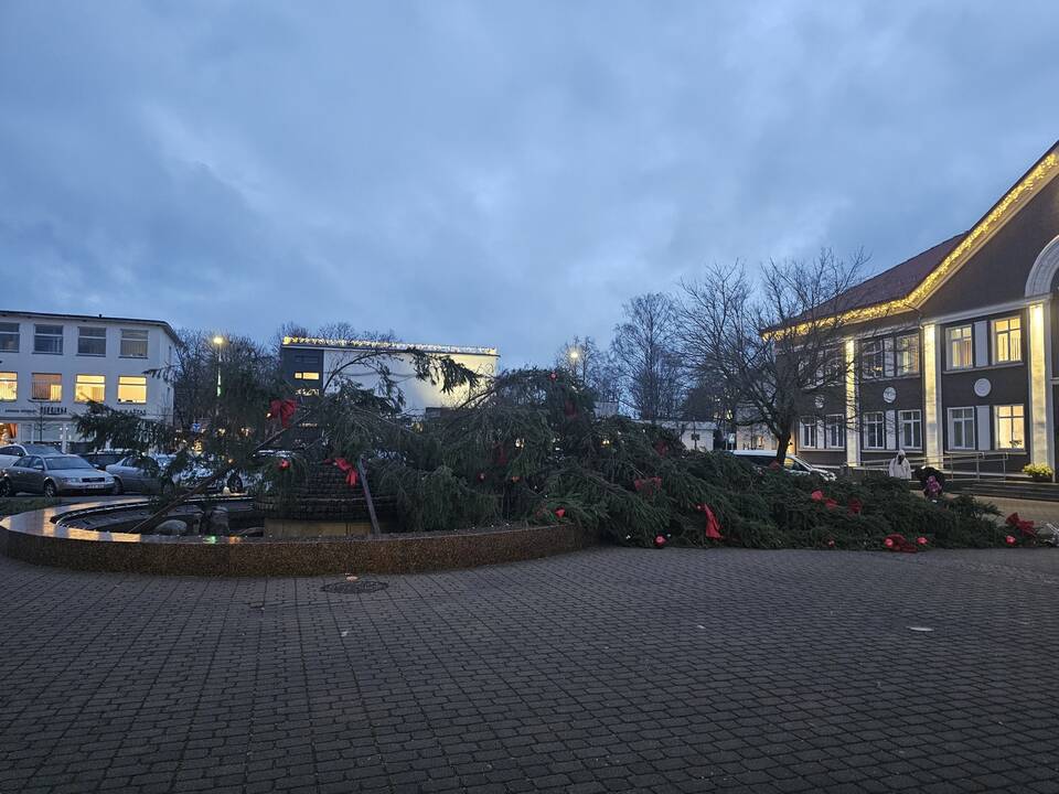 Pasekmės: Klaipėdos Teatro aikštėje esanti ledo čiuožykla laikinai liks be mėnulio instaliacijos, nes ši, neatlaikiusi stiprių vėjo gūsių, subliuško.