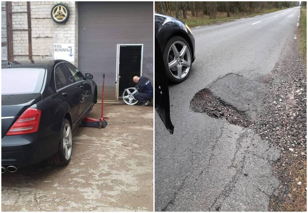 Nuostoliai: kelyje į Nidą poilsiautojai pateko į tokią duobę, kad teko virinti skilusį ratlankį.