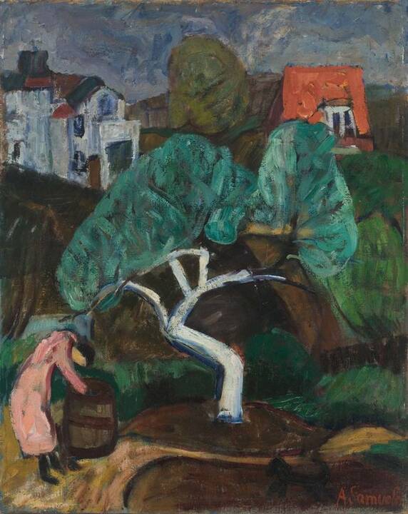 Žvilgsnis: A. Samuolis Juozo Mikėno kūrinio „Moters portretas“ fone, 1934 m