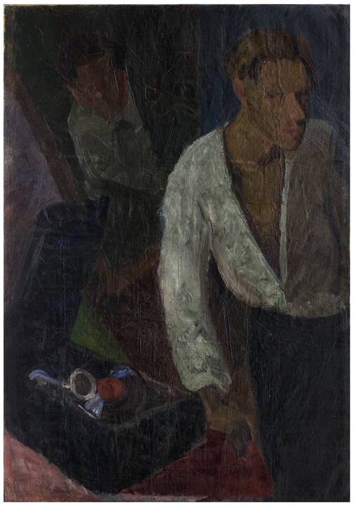 Žvilgsnis: A. Samuolis Juozo Mikėno kūrinio „Moters portretas“ fone, 1934 m