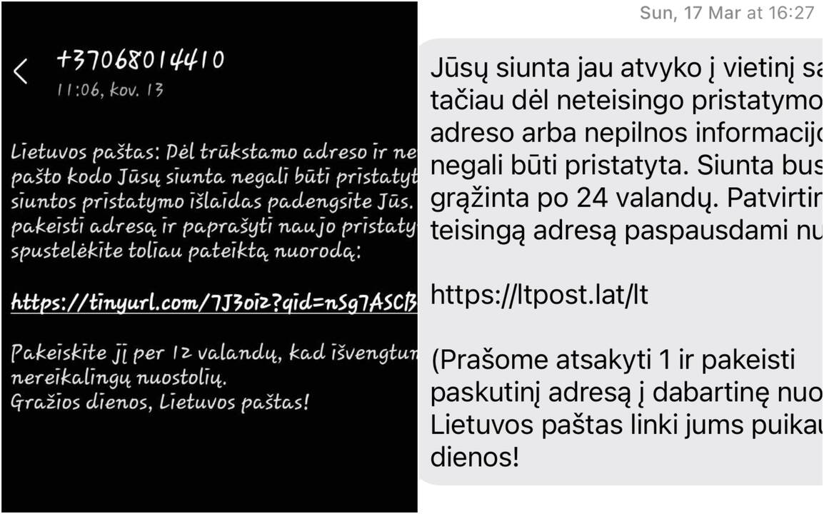 Apgaulė: sukčiai žmonėms siuntinėja pranešimus, kuriuose reikalauja susimokėti už esą netinkamai nurodytą adresą.