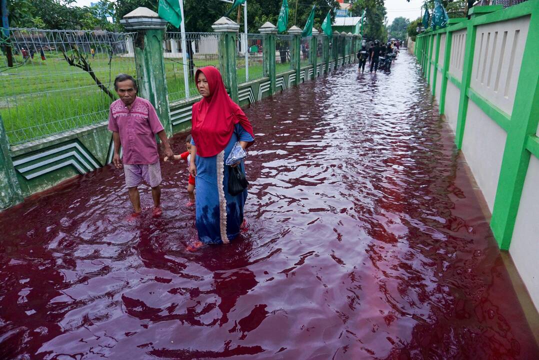 Indonezijoje batikos dažai raudonai nudažė potvynio vandenis