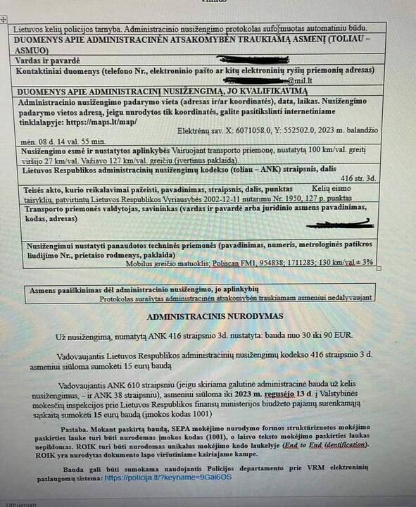 Apgaulė: policija gyventojus ragina skaityti gaunamus dokumentus, o baudą už viršytą greitį verta mokėti tik įsitikinus, kad protokolas tikras.