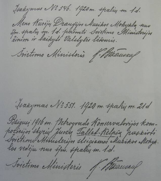 Pradžia: Kauno konservatorijos steigimo iškilmės 1933 m. ir lemtingasis K.Bizausko įsakymas Nr. 551, kuriuo 1920 m. spalio 1 d. mokykla perimama valstybės žinion.