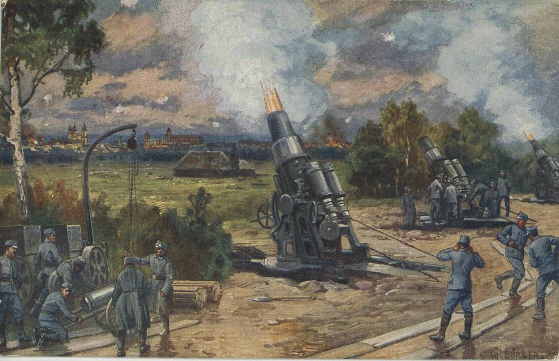 Vokiečių 305 mm mortyrų baterija apšaudo Kauno tvirtovės fortus ir įtvirtinimus. 1915 m. rugpjūčio 15 d. 