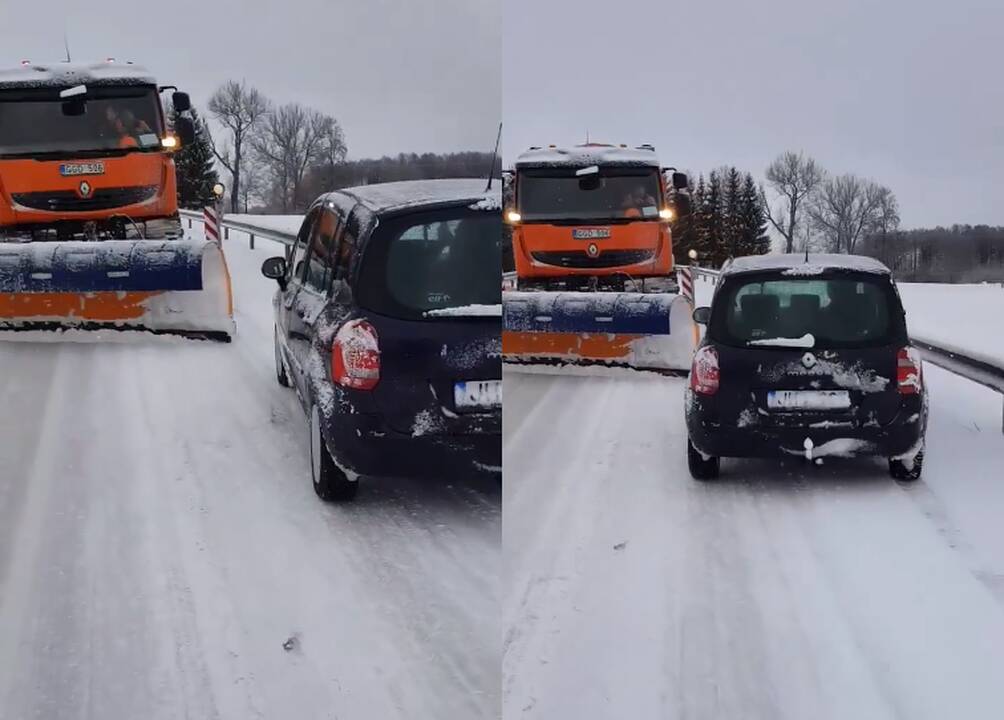 Sniego valytuvo ir lengvojo automobilio akistata: kaip pasielgtumėte jūs?