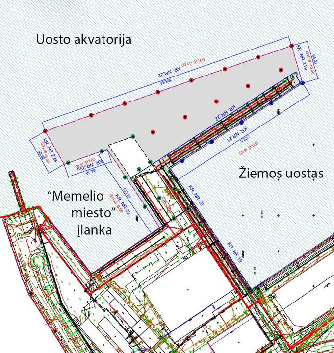 Vizija: naujo kruizinio terminalo vieta ir raudonai bei žaliai pažymėti taškai, kur bus daromi geologiniai gręžiniai.