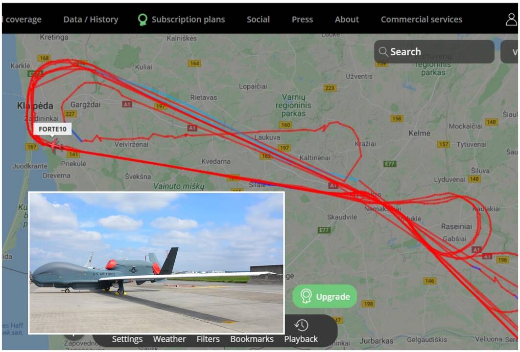 Maršrutas: JAV bepilotis žvalgybinis dronas vakar virš Lietuvos suko kone visą dieną.