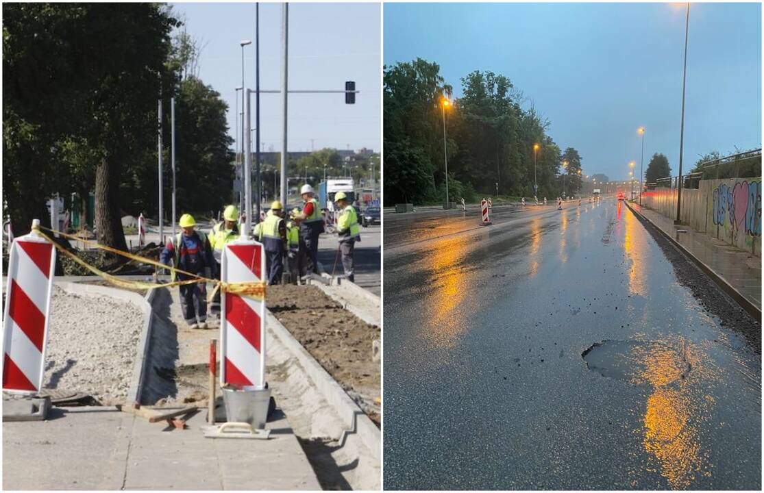 Lietaus vanduo paslėpė gilias įpjovas gatvėje, o kelininkai nepasirūpino vairuotojų apie šį pavojų įspėti.