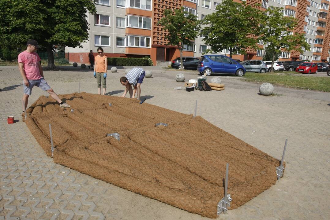 Atvežė: krante surinkę dirbtinės salos konstrukciją mokslininkai nuplukdė ją į tvenkinio vidurį.