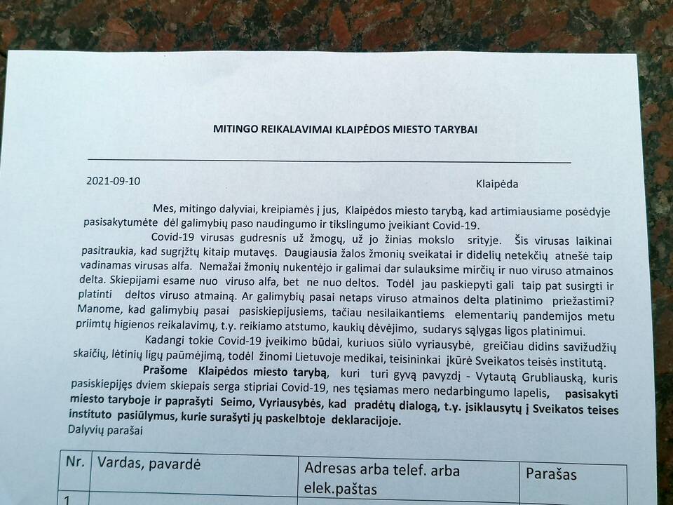 Skiepų priešininkų mitingas Klaipėdoje