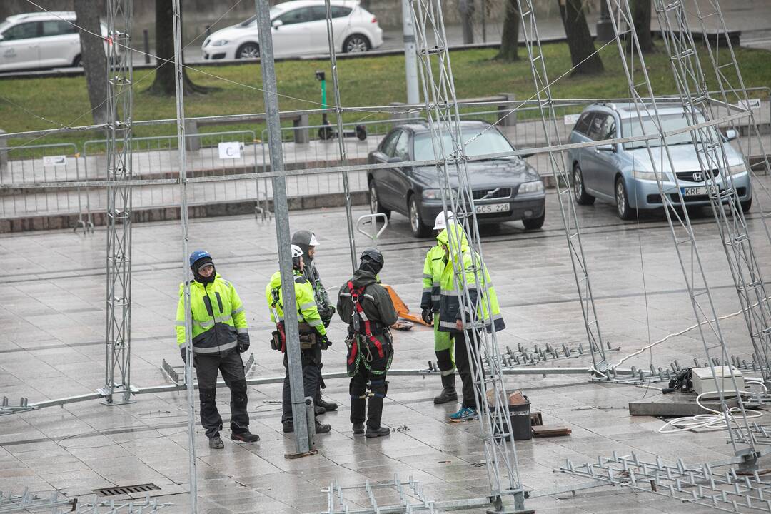 Katedros aikštėje pradėta statyti Vilniaus Kalėdų eglė