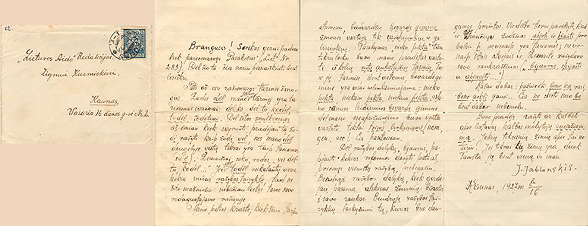 J. Jablonskio laiškas, adresuotas Z. Kuzmickiui. Kaunas, 1926 m. kovo 6 d.