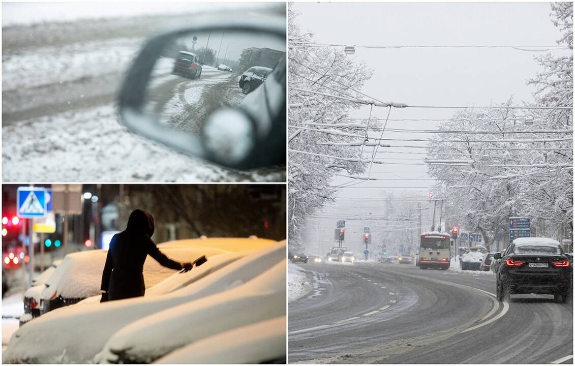 Vairuokite atidžiai: sudėtingos eismo sąlygos – beveik visoje Lietuvoje, dieną jas sunkins snygis