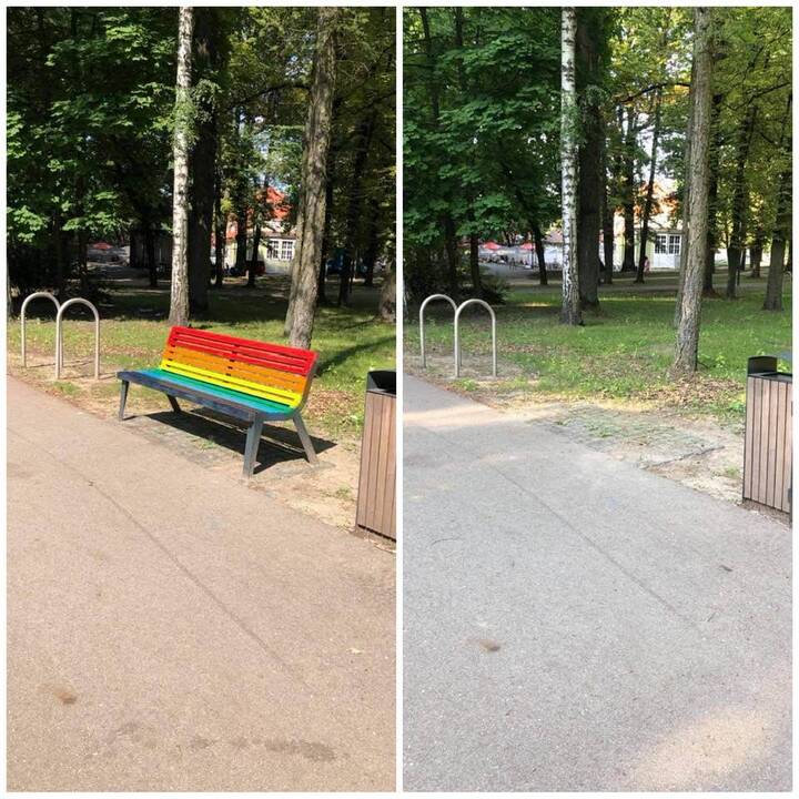 Vaivorykštės raštai: Kaune neliko ne tik spalvų ant suolelio, bet ir paties suolelio