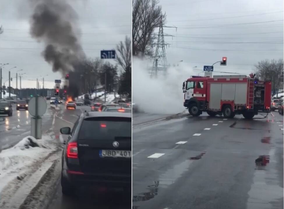 Judrioje Vilniaus sankryžoje liepsnos prarijo „Audi“