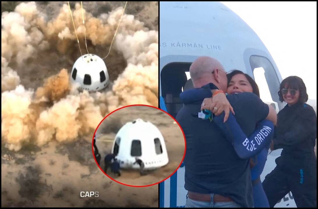 Iš kosmoso sugrįžusią sužadėtinę pasitikęs Jeffas Bezosas krito veidu į žemę