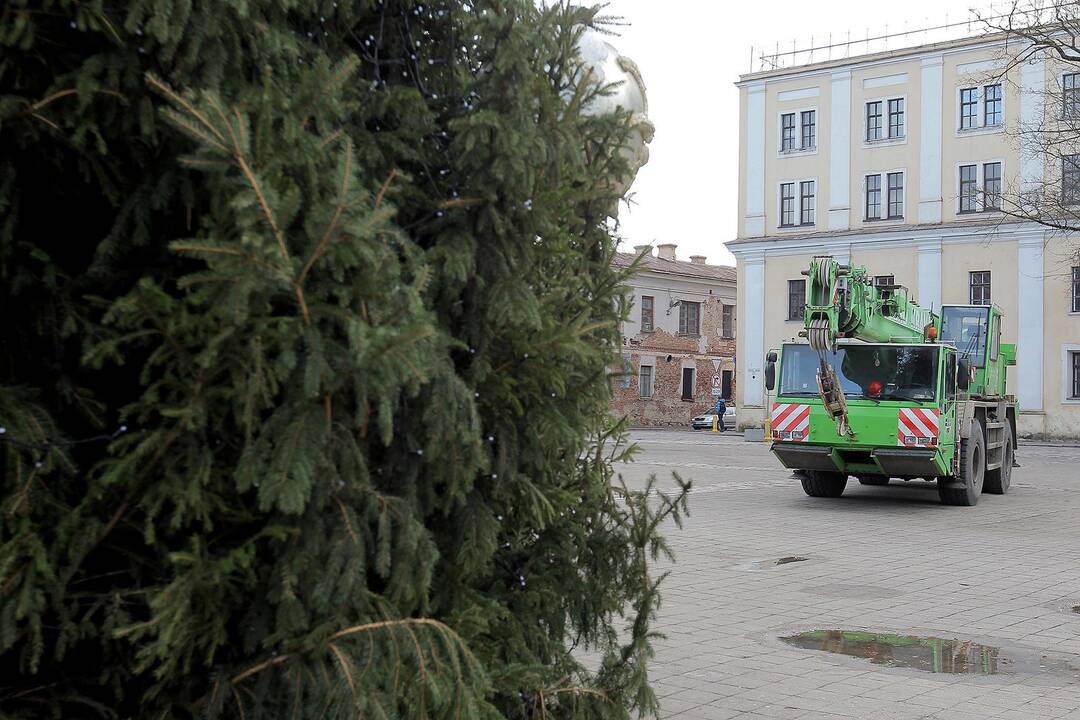 Rotušės aikštėje nupuošiama Kauno Kalėdų eglė.