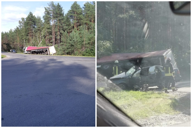 Druskininkuose – baisi avarija: automobiliu kliudytas vilkikas nuvirto, nukentėjo mažametis