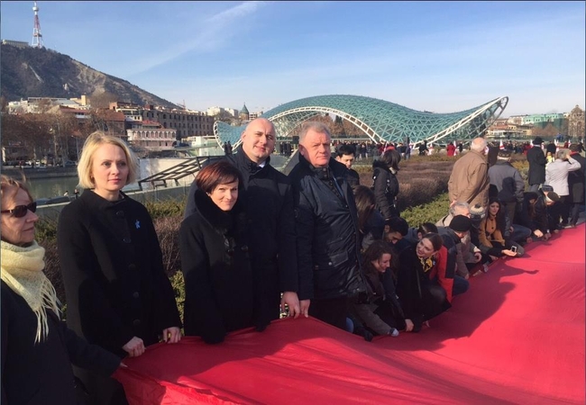 Tbilisyje plevėsavo dviejų šimtų metrų vienybės vėliava