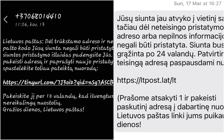 Apgaulė: sukčiai žmonėms siuntinėja pranešimus, kuriuose reikalauja susimokėti už esą netinkamai nurodytą adresą.