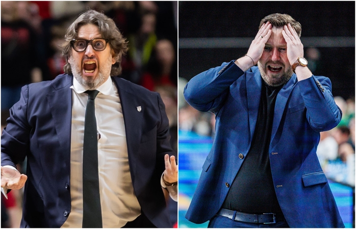 Emocijos: A. Trinchieri (kairėje) ir G. Petrauskas į kai kuriuos „Žalgirio“ ir „Nevėžio-Optibet“ mačo teisėjų sprendimus reagavo itin iškalbingai.
