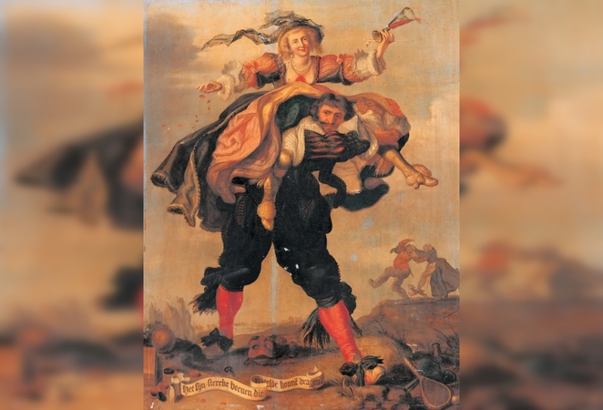 Adriaenas van de Venne. Jis turi turėti stiprias kojas, kad nešiotų prabangą (apie 1640 m.). Saugoma A.Puškino Valstybiniame vaizduojamojo meno muziejuje.