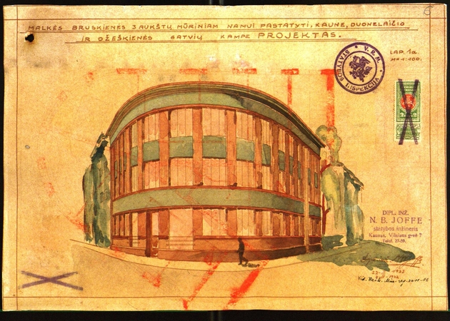 M.Bruskienės mūrinio trijų aukštų gyvenamojo namo K.Donelaičio ir E.Ožeškienės gatvių kampe (dab. K.Donelaičio g. 78 / E.Ožeškienės g. 14) projektas. 