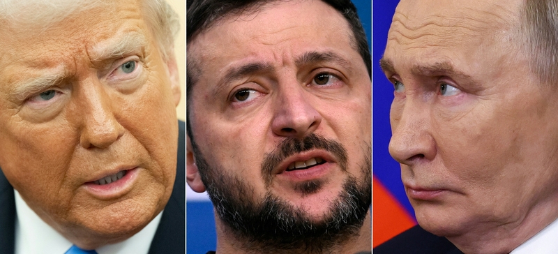 Donaldas Trumpas (iš kairės), Volodymyras Zelenskis, Vladimiras Putinas