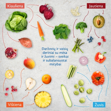 Sveikai ir subalansuotai mitybai – daržovių ir vaisių deriniai su mėsa ir žuvimi 